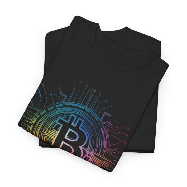 Rainbow Bitcoin Circuit Graphic T-Shirt | Unisex Cotton Tee | Cryptocurrency Shirt - Image 2