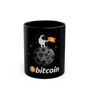 Bitcoin Astronaut Mug | Black Ceramic Coffee Cup with Moon Design