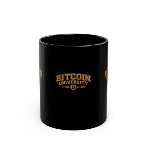 Bitcoin University Mug | Black Ceramic Crypto Coffee Cup - Image 2